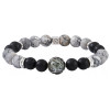 Engraved Tahitian pearl, grey landscape Jasper and frosted black Agate bracelet